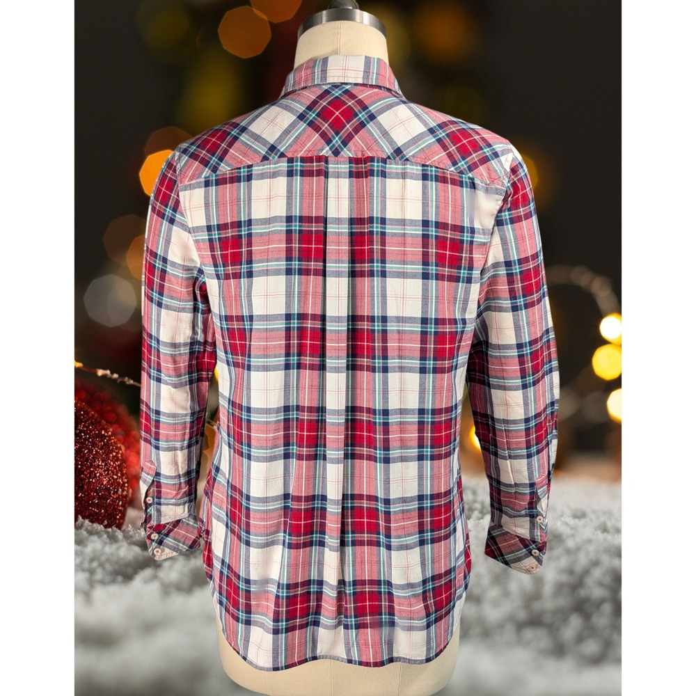 Talbots Womens Red Plaid Gold Metallic Thread Button Down Shirt Large Festive